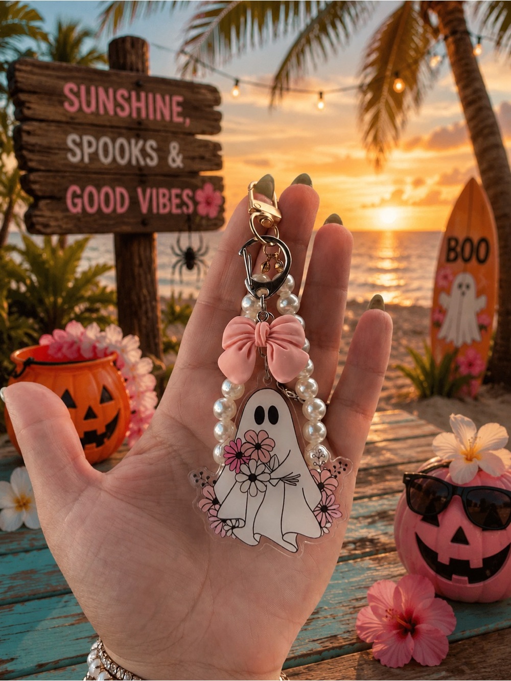 Handheld Ghost Keychain with Pink Bow and Pearls